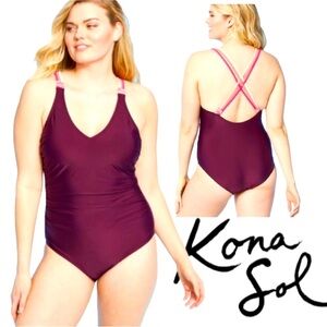 KONA SOL Boho Macramé Burgundy One Piece Swimsuit XL